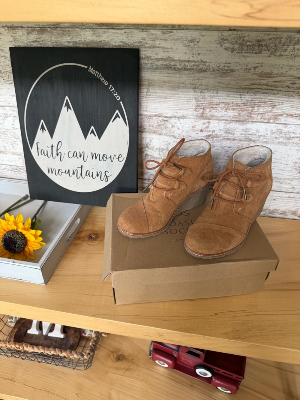 Toms Tan Suede Lace-Up Wedge Boots
